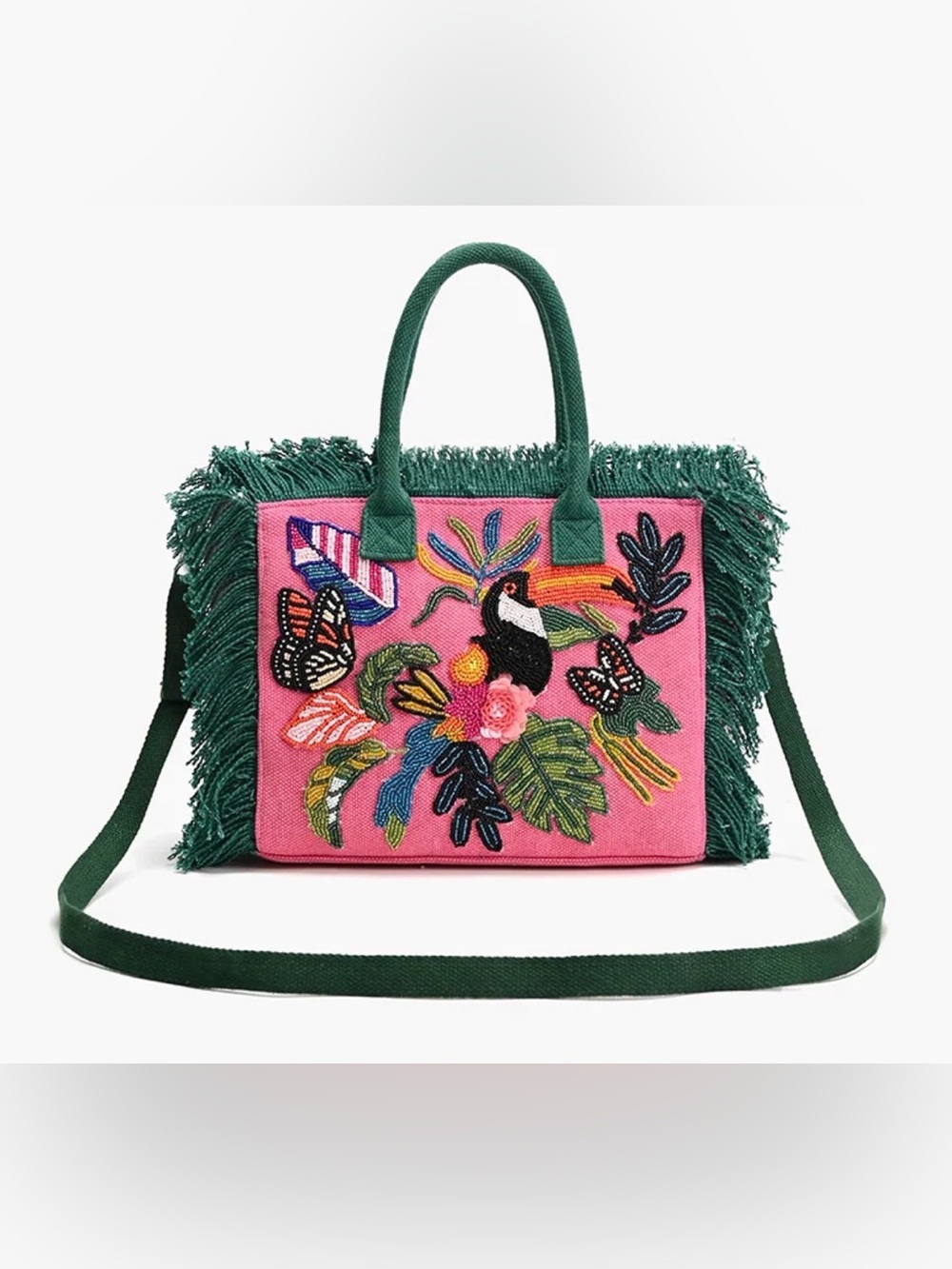 Tropical Embroidered Pink Tote with Green Fringe